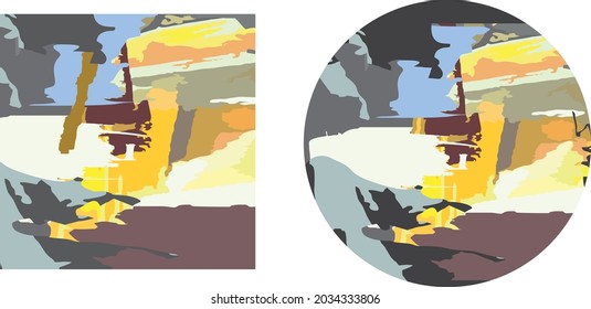 Formas coloreadas sobre blanco. Resumen del paisaje otoñal o invernal en el cuadrado y la esfera para impresiones y textiles, fondos y texturas, papel pintado y carteles, etc.