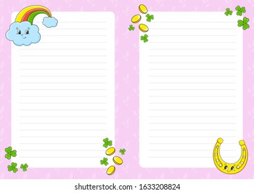 Colored sheet template for notes. Paper page for art journal, notebook. St. Patrick 's Day. Cute cartoon character. Lined sheet. Vector illustration.