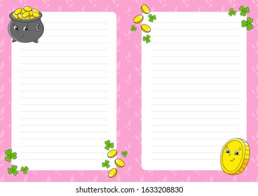 Colored sheet template for notes. Paper page for art journal, notebook. St. Patrick 's Day. Cute cartoon character. Lined sheet. Vector illustration.