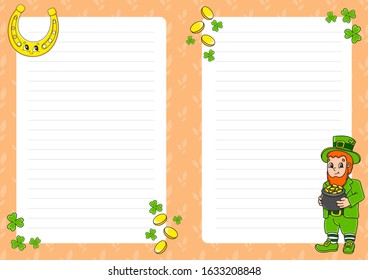 Colored sheet template for notes. Paper page for art journal, notebook. St. Patrick 's Day. Leprechaun with a pot of gold, horseshoe. Cute cartoon character. Lined sheet. Vector illustration.