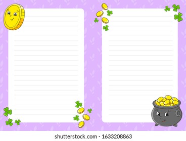 Colored sheet template for notes. Paper page for art journal, notebook. St. Patrick 's Day. Pot of gold and coin. Cute cartoon character. Lined sheet. Vector illustration.