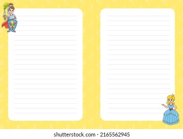 Colored sheet template for notes. Paper page for journal, notebook, diary, letters, schedule, organizer. Fairytale theme. Cute cartoon character. Lined sheet. Vector illustration.