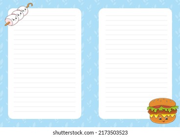 Colored sheet template for notes. Paper page for journal, notebook, diary, letters, schedule, organizer. Cute cartoon character. Lined sheet. Vector illustration. Barbecue theme.