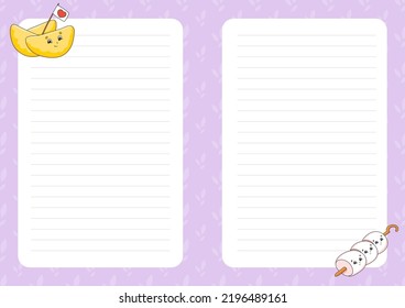 Colored sheet template for notes. Paper page for journal, notebook, diary, letters, schedule, organizer. Cute cartoon character. Lined sheet. Vector illustration. Barbecue theme.