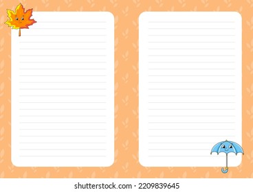 Colored sheet template for notes. Paper page for journal, notebook, diary, letters, schedule, organizer. Cute cartoon character. Lined sheet. Vector illustration.