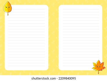 Colored sheet template for notes. Paper page for journal, notebook, diary, letters, schedule, organizer. Cute cartoon character. Lined sheet. Vector illustration.