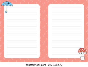 Colored sheet template for notes. Paper page for journal, notebook, diary, letters, schedule, organizer. Cute cartoon character. Lined sheet. Vector illustration.