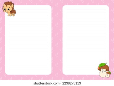 Colored sheet template for notes. Paper page for journal, notebook, diary, letters, schedule, organizer. Cute cartoon character. Lined sheet. Vector illustration.