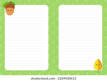 Colored sheet template for notes. Paper page for journal, notebook, diary, letters, schedule, organizer. Cute cartoon character. Lined sheet. Vector illustration.