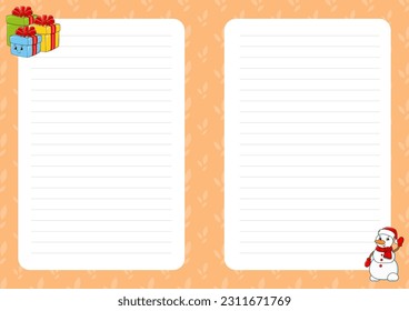 Colored sheet template for notes. Paper page for journal, notebook, diary, letters, schedule, organizer. Cute cartoon character. Lined sheet. Vector illustration.