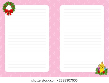 Colored sheet template for notes. Paper page for journal, notebook, diary, letters, schedule, organizer. Cute cartoon character. Lined sheet. Vector illustration.