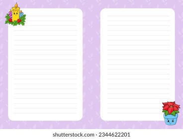 Colored sheet template for notes. Paper page for journal, notebook, diary, letters, schedule, organizer. Cute cartoon character. Lined sheet. Vector illustration.