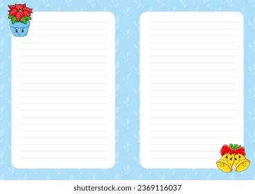 Colored sheet template for notes. Paper page for journal, notebook, diary, letters, schedule, organizer. Cute cartoon character. Lined sheet. Vector illustration.