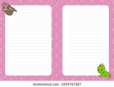 Colored sheet template for notes. Paper page for journal, notebook, diary, letters, schedule, organizer. Cute cartoon character. Lined sheet. Vector illustration.