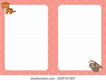 Colored sheet template for notes. Paper page for journal, notebook, diary, letters, schedule, organizer. Cute cartoon character. Lined sheet. Vector illustration.