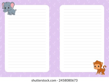 Colored sheet template for notes. Paper page for journal, notebook, diary, letters, schedule, organizer. Cute cartoon character. Lined sheet. Vector illustration.