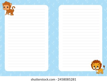 Colored sheet template for notes. Paper page for journal, notebook, diary, letters, schedule, organizer. Cute cartoon character. Lined sheet. Vector illustration.