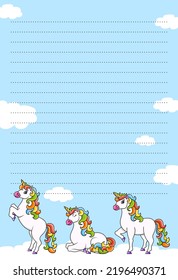 Colored sheet template for notes with unicorn. Paper page for journal, notebook, diary, letters, schedule, organizer. Cute cartoon character. Lined sheet. Vector illustration.