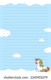 Colored sheet template for notes with unicorn. Paper page for journal, notebook, diary, letters, schedule, organizer. Cute cartoon character. Lined sheet. Vector illustration.