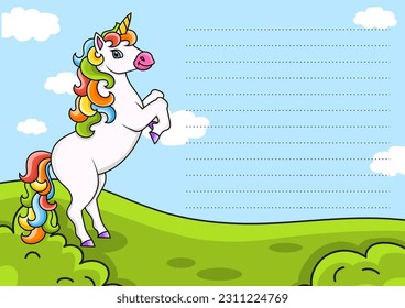 Colored sheet template for notes with unicorn. Paper page for journal, notebook, diary, letters, schedule, organizer. Cute cartoon character. Lined sheet. .