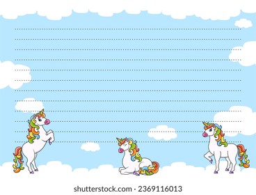 Colored sheet template for notes with unicorn. Paper page for journal, notebook, diary, letters, schedule, organizer. Cute cartoon character. Lined sheet. Vector illustration.