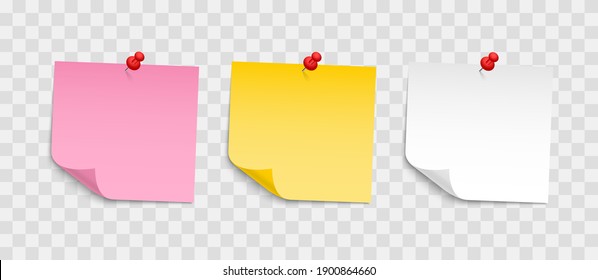 Colored sheets of note papers with push pin. Collection of sticky notes with curl and shadow. Realistic paper stickers for your message. Design element for advertising and promotional.