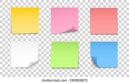 Colored sheets of note papers set. Collection of sticky notes with curl and shadow. Realistic paper stickers for your message. Design element for advertising and promotional.