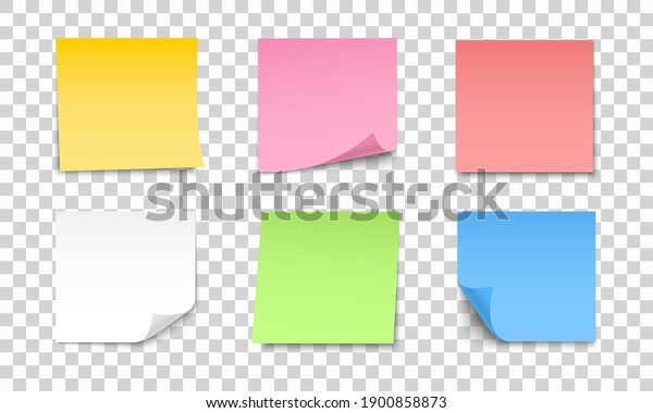 Colored sheets of note\
papers set. Collection of sticky notes with curl and shadow.\
Realistic paper stickers for your message. Design element for\
advertising and\
promotional.