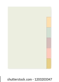 Colored sheets with tab dividers notebook, realistic vector mockup. Notepad with variegated side bookmarks template. Self stick memo pads block mock up