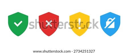 Colored shield icons showing security status: approved protection, denied access, warning alert and disabled security. Used for system status, risk indication, access control and safety interfaces.