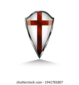 Colored shield or a peiece of armor with a cross. Idea for video games, for icon, for logo, for religion icon, for movie and cartoons, for medical logo, for historical emblems. Crusader's shield.