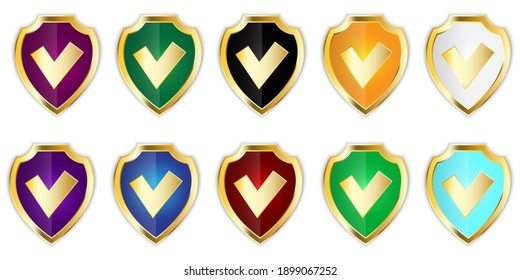 Escudos de colores con marcas de verificación. Escudos de colores. Vector de icono de protección. Imagen de archivo. EPS 10.
