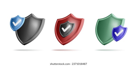 Colección de iconos de escudos de color. 3d vector etiqueta digital de escudo aislado en diferentes colores con marca de verificación, colección