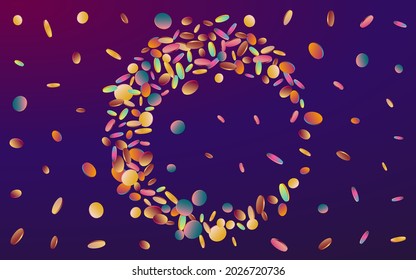 Colored Shine Carnival Purple Background. Colorful Flying Circle Postcard. Christmas Banner. Hologram Carnaval Backdrop.