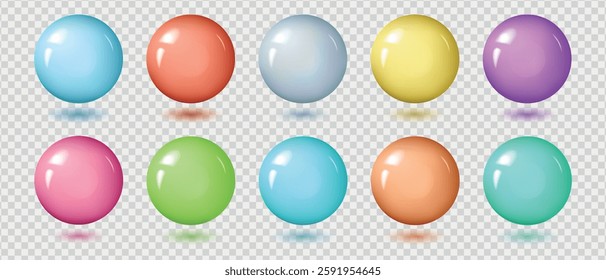 Colored shiny 3d sphere balls, Plastic colored balls light glare, Vector illustration.