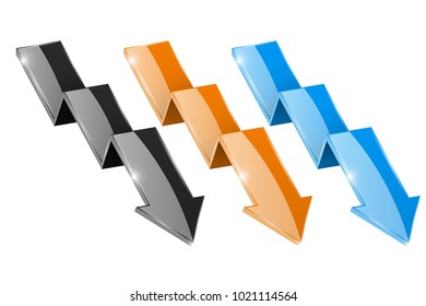 Colored shiny Down arrows. Financial graphic. Vector 3d illustration isolated on white background 