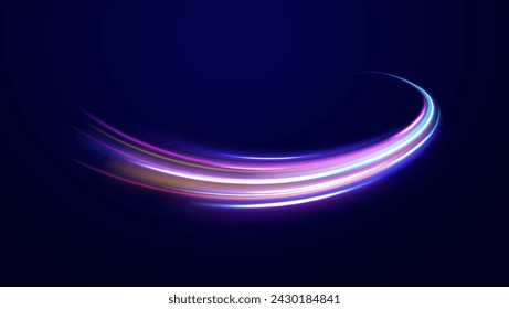 Colored shiny sparks of spiral wave. Curved bright speed line swirls. Shiny wavy path. Rotating dynamic neon circle. Magic golden swirl with highlights. Glowing swirl bokeh effect vector