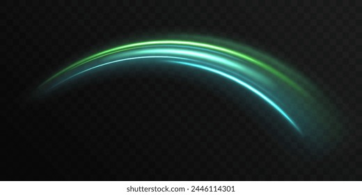 Colored shiny sparks of spiral wave. Magic luminous azure glow design element on dark background, flash luminosity, abstract neon motion glowing wavy lines	
