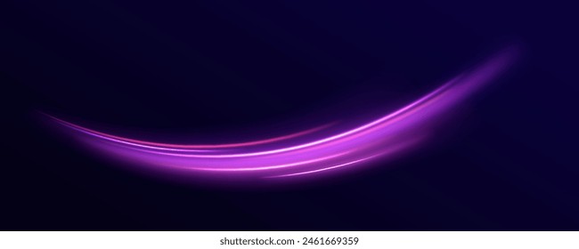 Colored shiny sparks of spiral wave. Curved bright speed line swirls. Vector vortex wake effect. Electric swirl lines, neon light effect. Abstract magic energy waves.