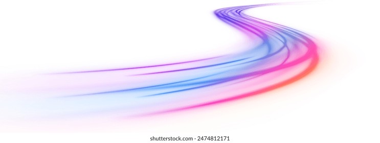 Colored shiny sparks of spiral wave. Curved bright speed line swirls. Panoramic high speed technology concept, light abstract background. Expressway, car headlight effect.	
