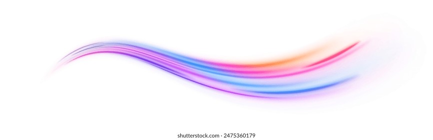 Colored shiny sparks of spiral wave. Curved bright speed line swirls. Panoramic high speed technology concept, light abstract background. Expressway, car headlight effect.	
