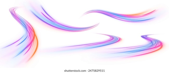 Colored shiny sparks of spiral wave. Curved bright speed line swirls. Panoramic high speed technology concept, light abstract background. Expressway, car headlight effect.	
