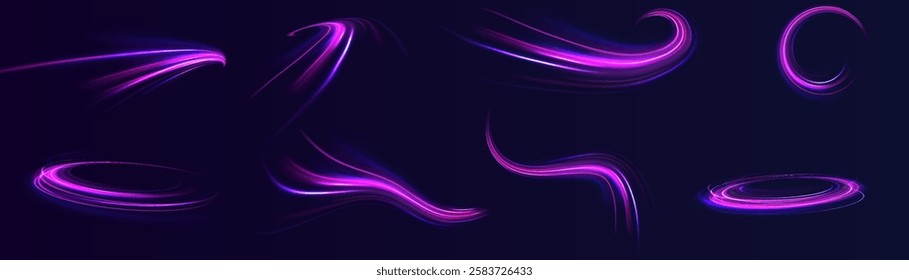 Colored shiny sparks of spiral wave. Curved bright speed line swirls. Shiny wavy path. Rotating dynamic neon circle. Magic golden swirl with highlights. Glowing swirl bokeh effect. vector png