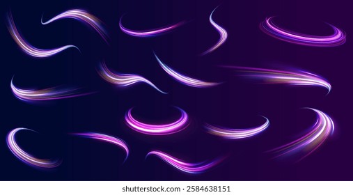 Colored shiny sparks of spiral wave. Curved bright speed line swirls. Shiny wavy path. Rotating dynamic neon circle. Magic golden swirl with highlights. Glowing swirl bokeh effect. vector png