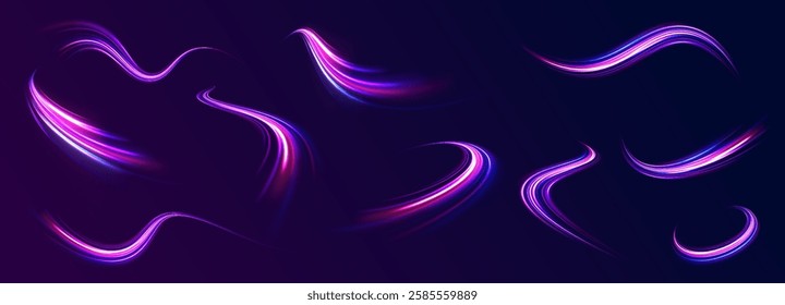 Colored shiny sparks of spiral wave. Curved bright speed line swirls. Shiny wavy path. Rotating dynamic neon circle. Magic golden swirl with highlights. Glowing swirl bokeh effect. vector png