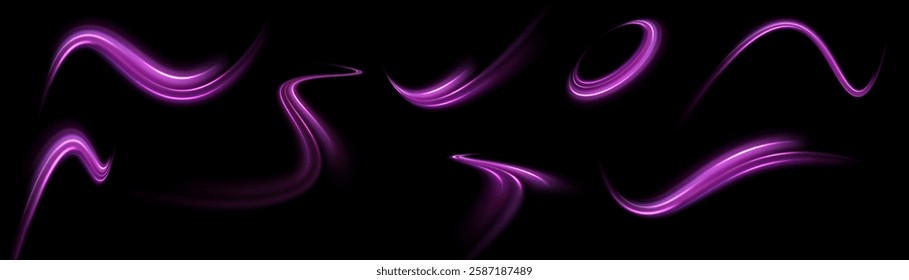 Colored shiny sparks of spiral wave. Curved bright speed line swirls. Shiny wavy path. Rotating dynamic neon circle. Magic golden swirl with highlights. Glowing swirl bokeh effect. vector png