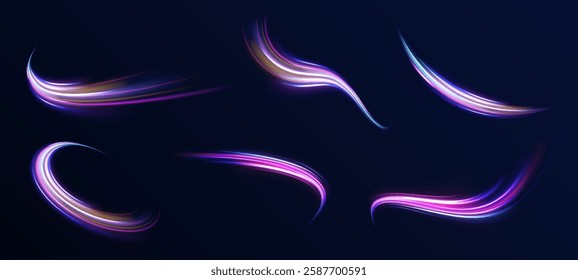 Colored shiny sparks of spiral wave. Curved bright speed line swirls. Shiny wavy path. Rotating dynamic neon circle. Magic golden swirl with highlights. Glowing swirl bokeh effect. vector png