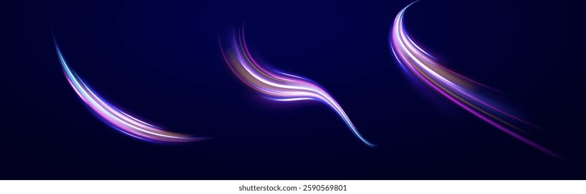 Colored shiny sparks of spiral wave. Curved bright speed line swirls. Shiny wavy path. Rotating dynamic neon circle. Magic golden swirl with highlights. Glowing swirl bokeh effect. vector png