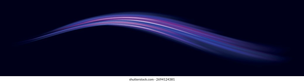 Colored shiny sparks of spiral wave. Curved bright speed line swirls. Vector vortex wake effect. Electric swirl lines, neon light effect. Abstract magic energy waves.