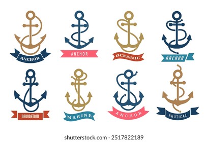 Colored ship anchor emblem set. Anchors with rope and ribbon isolated vector illustration